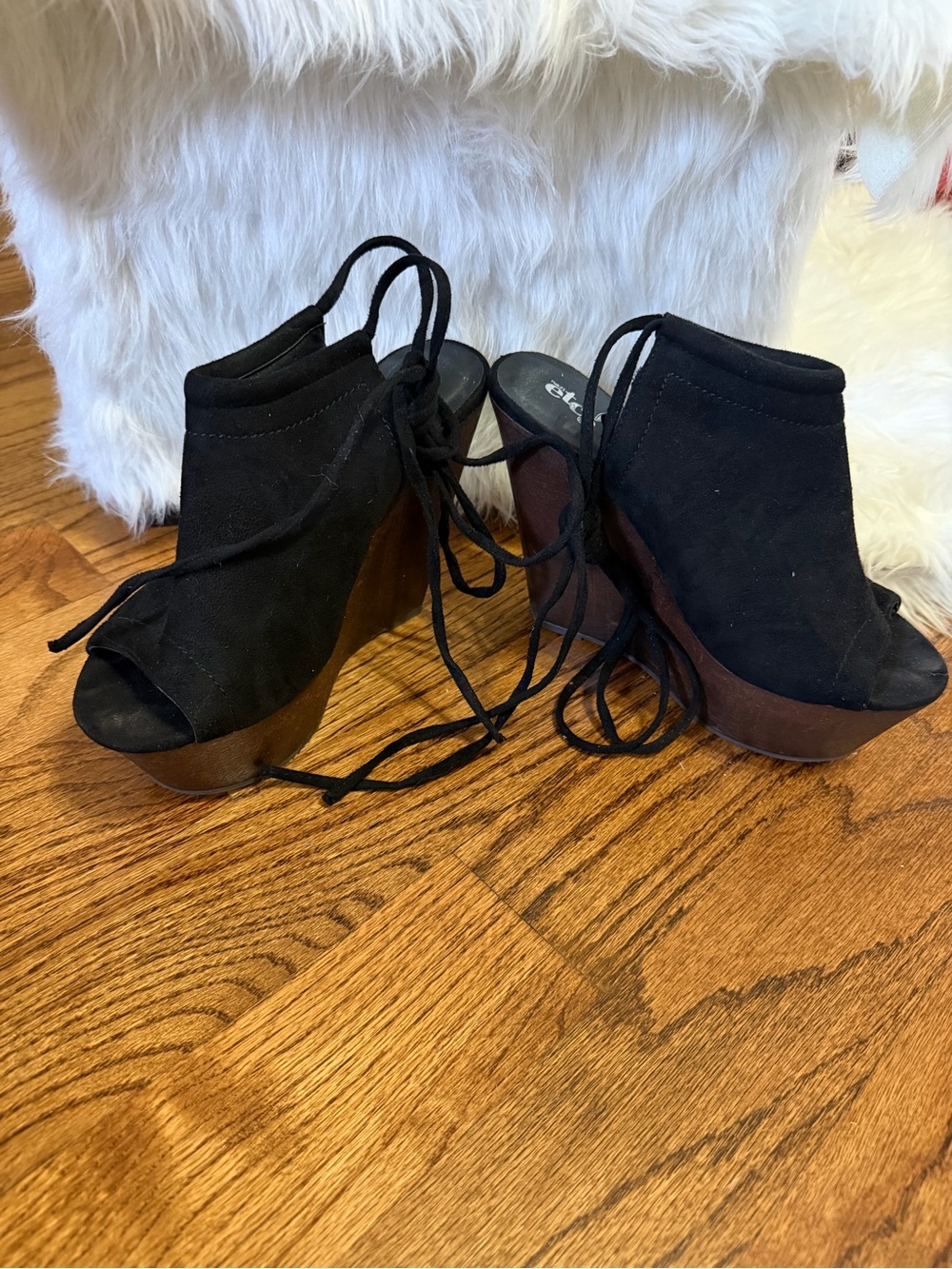 Black Suede Lace-Up Platform Wedge Heels